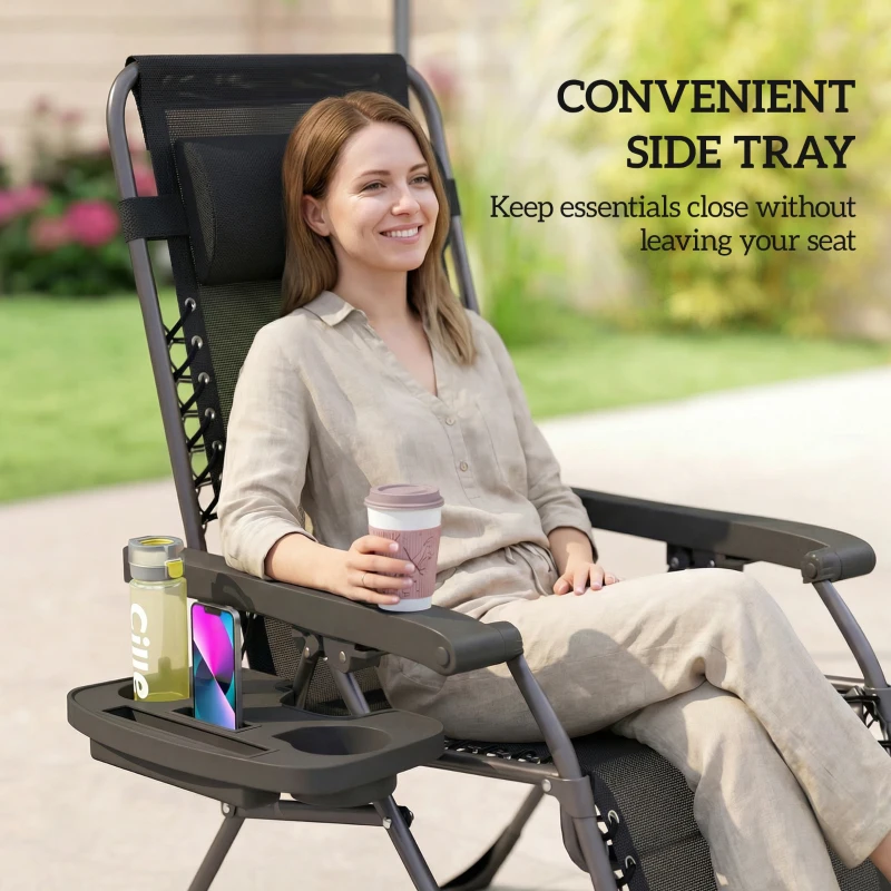 Outsunny Zero Gravity Chairs Set of 2, Folding Sunloungers Reclining Garden Chairs with Cup Holder, Headrest, Black