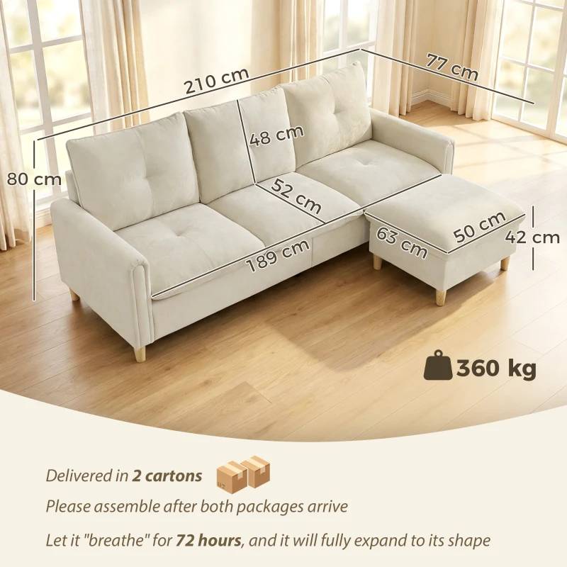 HOMCOM Divano ad angolo 3 posti con pouf contenitore e seduta ampi, in tessuto effetto lino, 210x77x80 cm, Crema