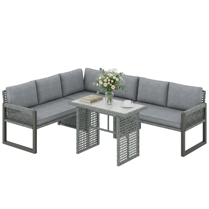Outsunny 6 Seater Rattan Garden Furniture Set with 3 Loveseats, Table, Patio Rattan Furniture Corner Sofa Set, Grey