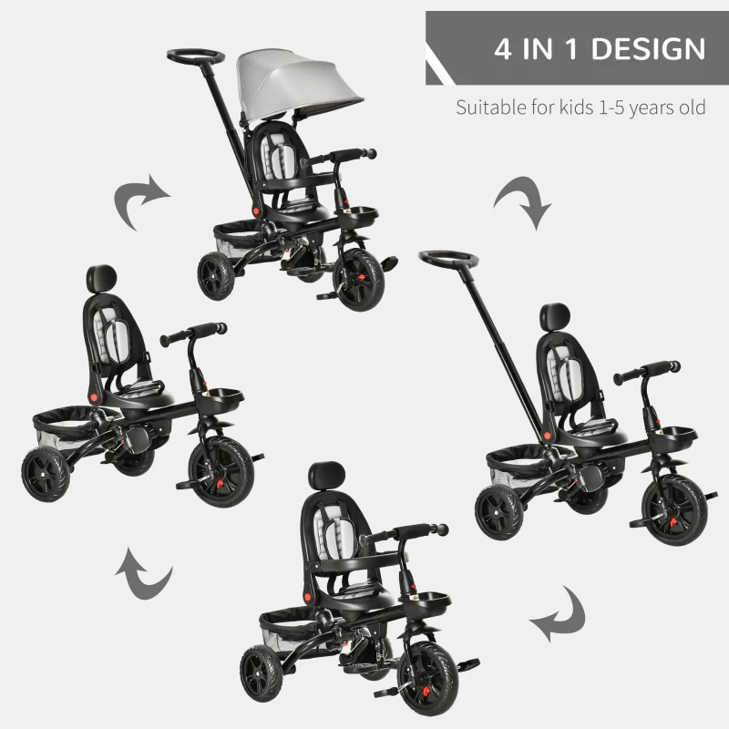 HOMCOM 4 in 1 Kids Trike Toddler Foldable Pedal Tricycle w/ Reversible Angle Adjustable Seat Removable Handle Canopy Belt Brake for 1-5 Years - Grey