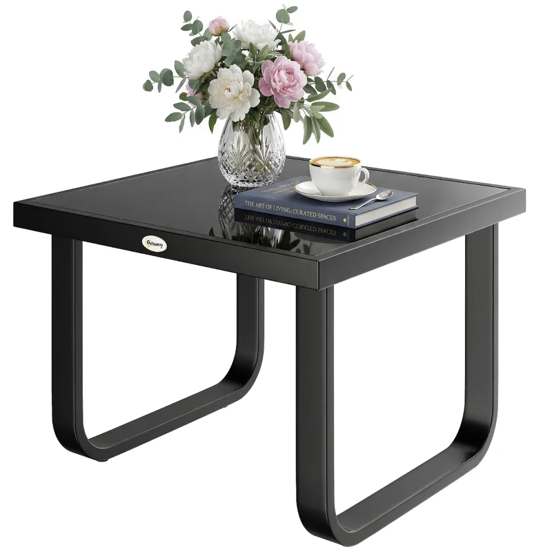 Outsunny Outdoor Garden Coffee Table, Rectangle Metal Side Table with Tempered Glass Tabletop, Adjustable Foot Pads