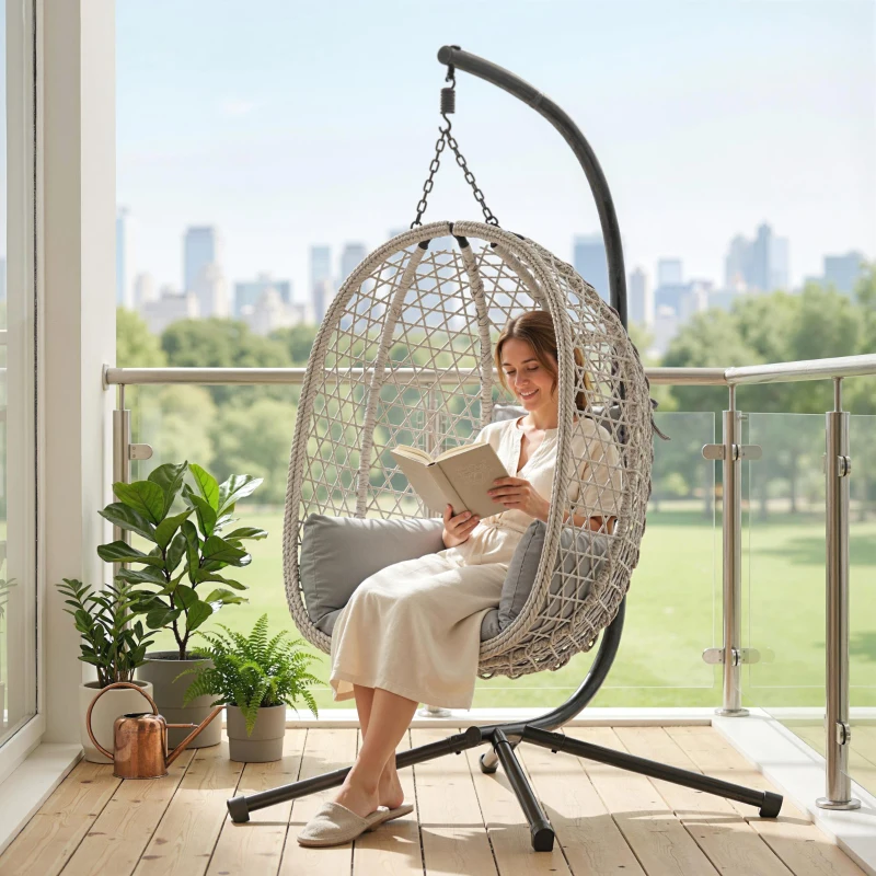 Outsunny Hanging Egg Chair, Indoor Outdoor Rattan Hammock Swing Chair with Stand, Safety Strap, Foldable Basket, Light Grey