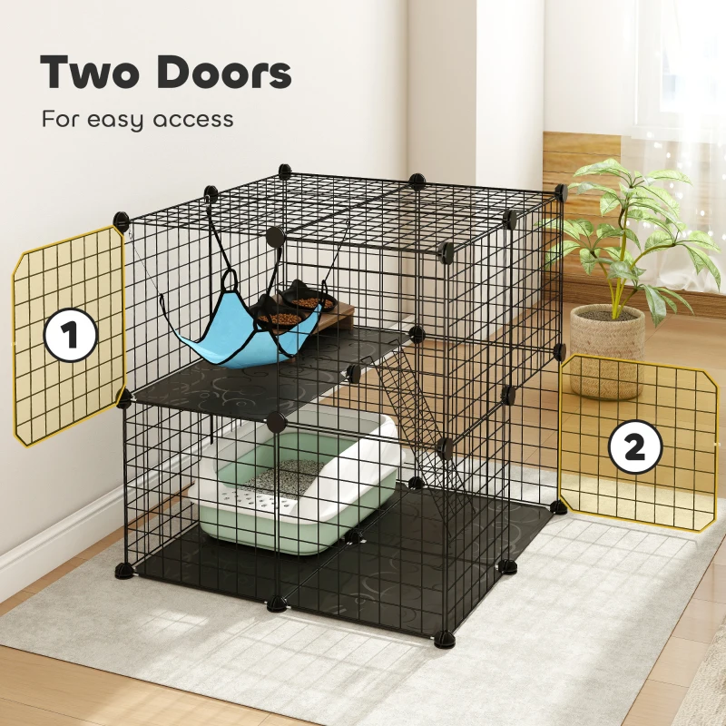PawHut Indoor Cat Cage DIY Customizable 2-Tier Indoor Cat Enclosure with 2 Doors and Hammock 70 cm Black