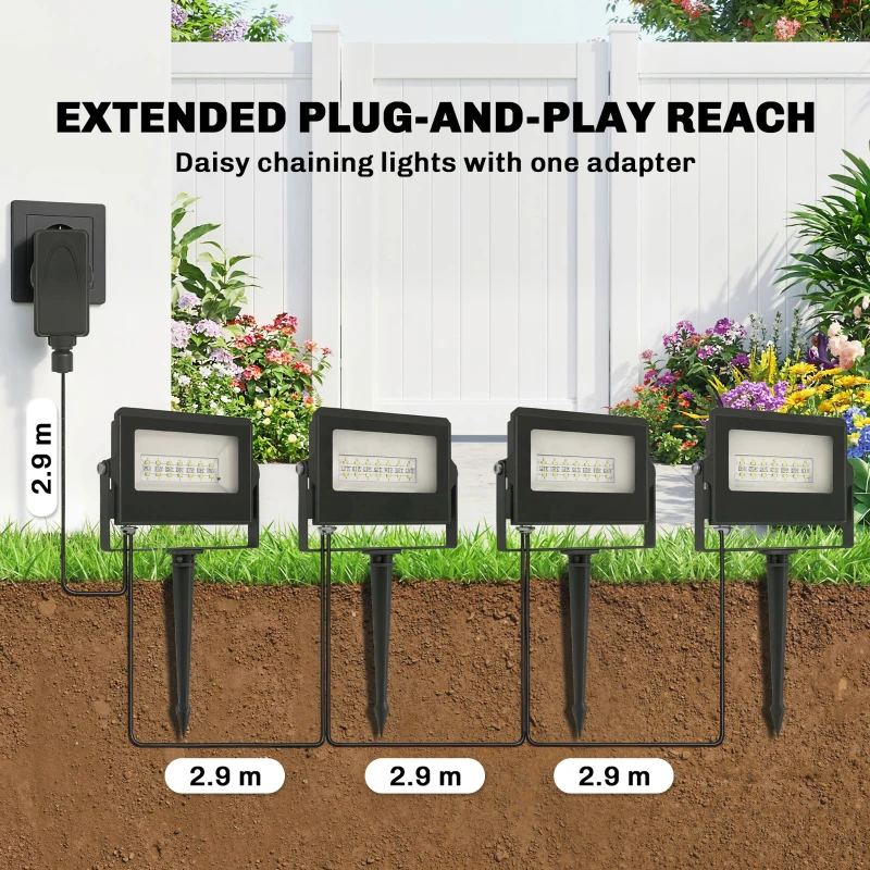 Outsunny 32W LED Floodlights, Linkable 4-Pack Landscape Lighting with Remote Control, RGB Colour Changing, UK Plug, Black
