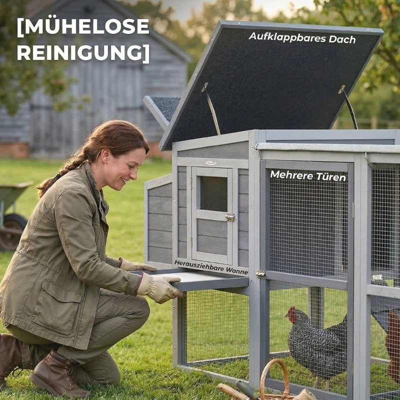 PawHut Kippenhok kippenverblijf voor 3-4 kippen met ren nestkast asfaltdak Oxford-afdekking uittrekbare lade 264x82x89cm grijs