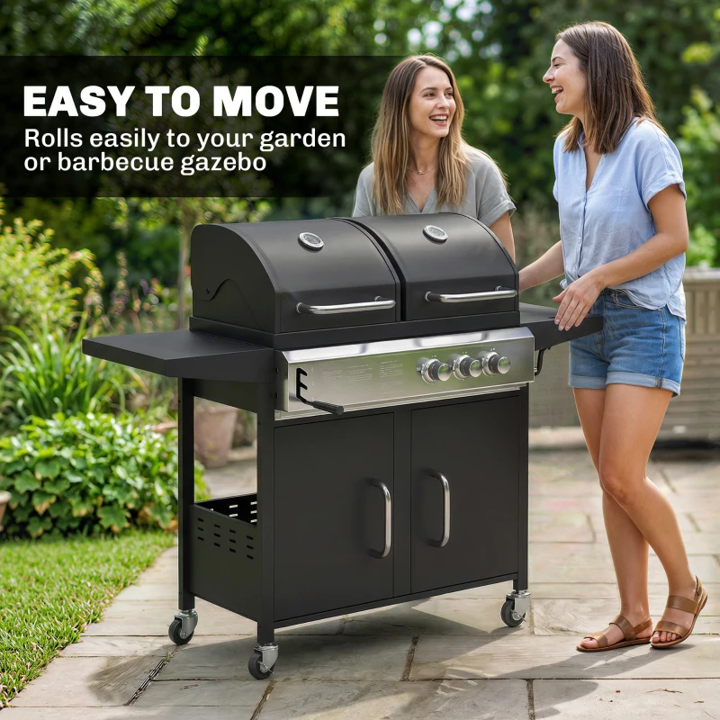 Outsunny 2+1 Burner Hybrid Dual Fuel BBQ Gas Grill, 2-in-1 Propane & Charcoal Barbecue Grill Smoker Combo with Wheels, Black