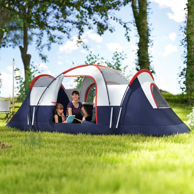 Outsunny 5-6 Man Camping Tent, Tunnel Tent, Water Resistant Hiking Shelter with Groundsheet and Carry Bag, Navy Blue