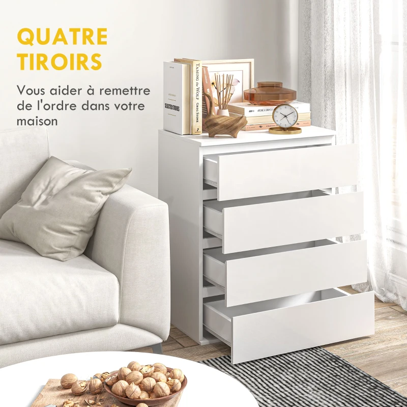 HOMCOM Commode 4 tiroirs meuble de rangement sans poignées design minimaliste 60 x 40 x 80 cm blanc