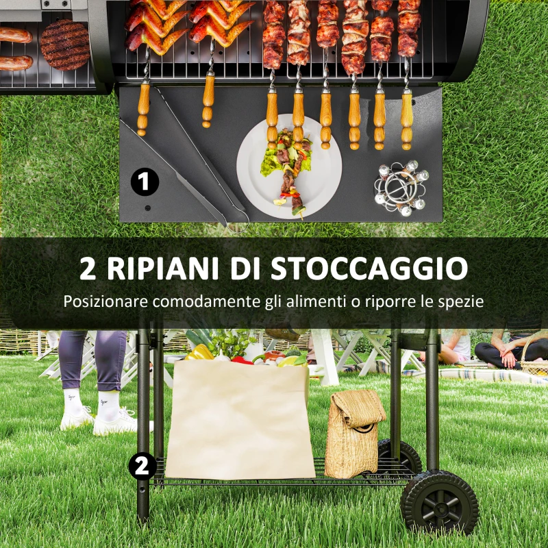 Outsunny Barbecue a carbone in acciaio BBQ Smoker con coperchio Termometro Ruote Alimentazione aria Vaschetta per carbone
