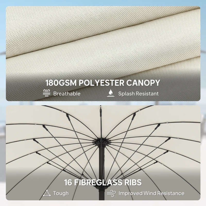 Outsunny 2 m Shanghai Garden Parasol Umbrella with 16 Fibreglass Ribs, Outdoor Parasol Sun Shade with Crank & Tilt, Cream White