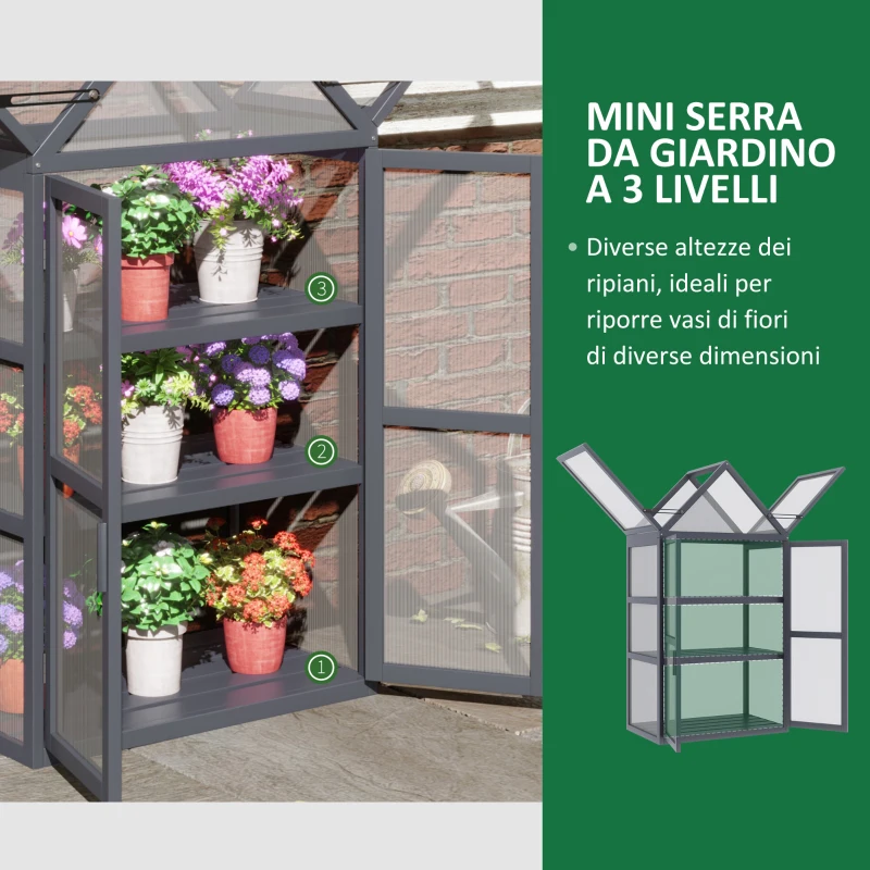 Outsunny Mini Serra 3 Ripiani Orto Piante con Tetto Apribile Doppie Porte, in Legno Policarbonato, Resistente alle Intemperie, 70.5 x 42 x 132 cm, Naturale