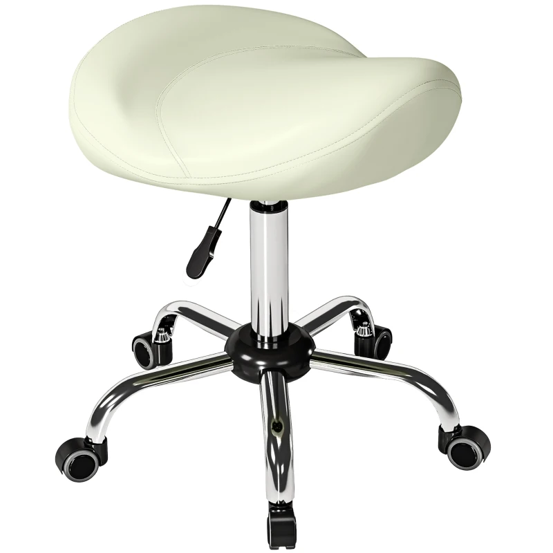 HOMCOM Zadelstoel, in hoogte verstelbare rolstoel met PU-leer voor massage, spa, kliniek, beauty en tattoo, Cremeweiß