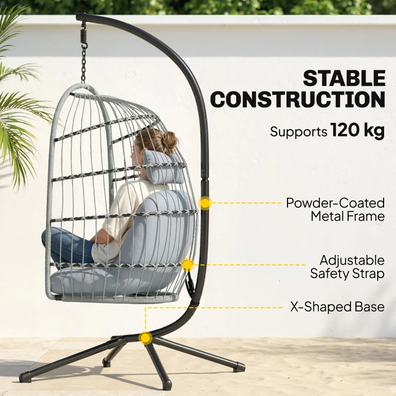 Outsunny Hanging Egg Chair, Indoor Outdoor Hammock Swing Chair with Stand, Safety Strap, Foldable Basket, Light Grey