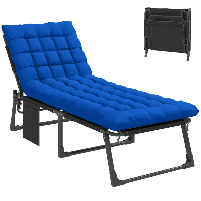 Outsunny Folding Sun Lounger for Garden, 5-Position Oversized Camping Bed Recliner with Cushions, Blue