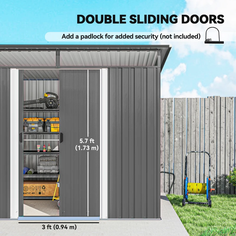 Outsunny 9ft x 6.5ft Garden Storage Shed with Top Window, Metal Outdoor Shed Tool House with Double Doors, Light Grey