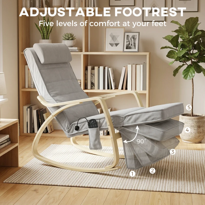 HOMCOM Schommelstoel met massage, verwarming, hoofdkussen & voetensteun, fluwelen bekleding, relaxstoel, lichtgrijs