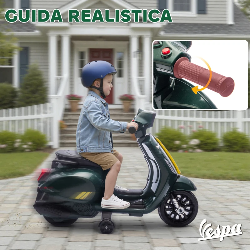 AIYAPLAY Moto Elettrica per Bambini con Licenza Vespa, Batteria Ricaricabile 6V, Rotelle e Luci, Età 2-4 Anni, Verde Scuro
