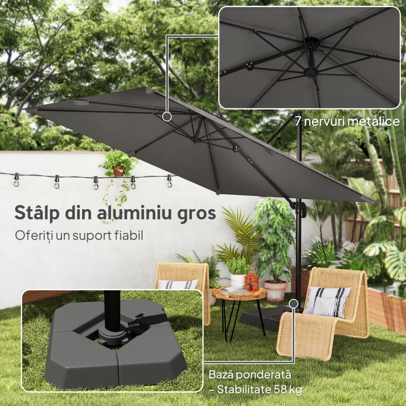Outsunny Umbreluț de Grădină Suspendat cu Manivelă 3x3m, Inclinabil, cu Greutăți Umplibile, Rotativ 360°, Umbreluț Exterior Pătrat, din Aluminiu, pentru Terasă, Piscină, UV30+, Gri Închis