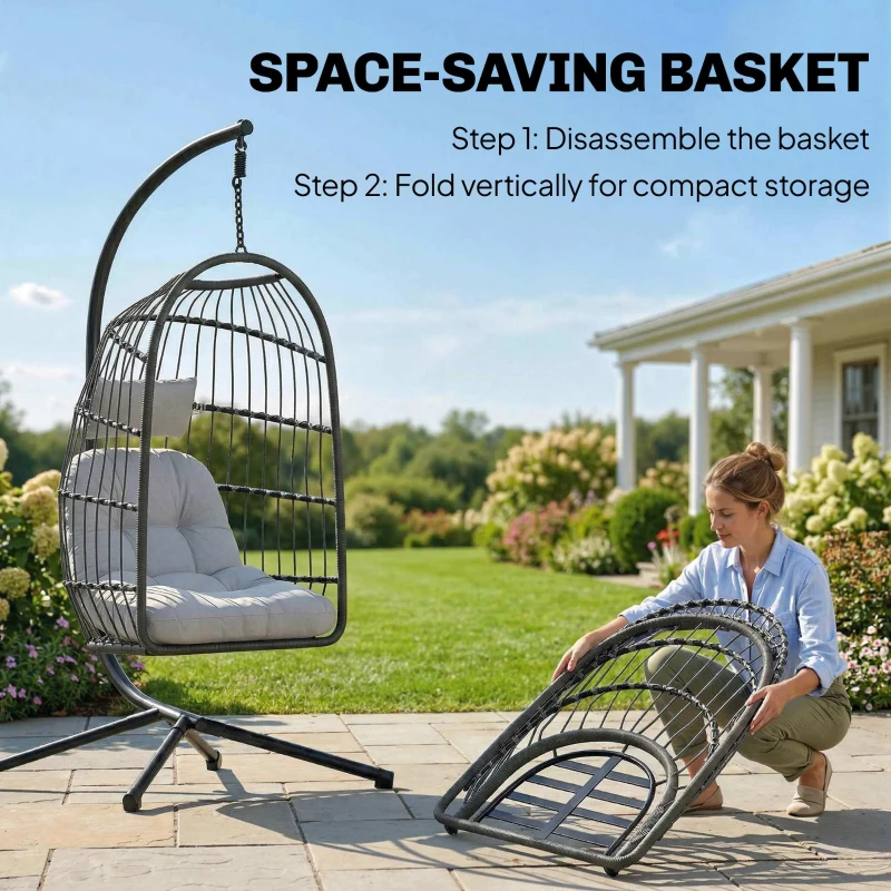 Outsunny Hanging Egg Chair, Indoor Outdoor Hammock Swing Chair with Stand, Safety Strap, Foldable Basket, Dark/Light Grey