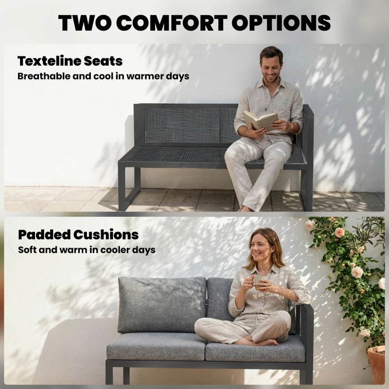 Outsunny 6 Seater Metal Garden Furniture Corner Sofa Set with 3 Loveseats, Faux Wood Table, Texteline Seat, Cushions, Dark Grey