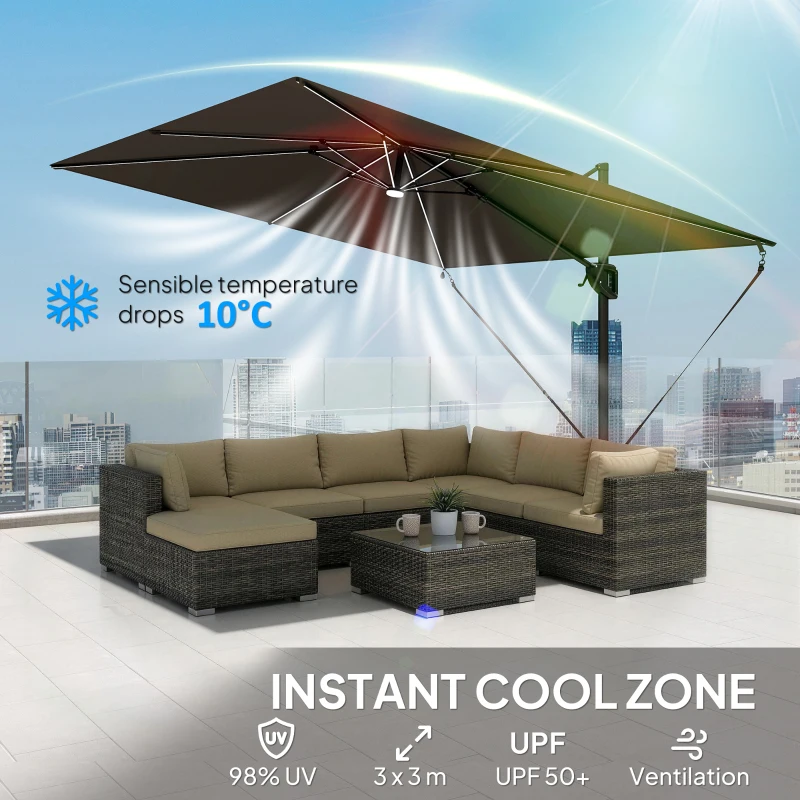 Outsunny 3 x 3 m Garden Cantilever Parasol w/ Light, Cover, UPF50+ Patio Umbrella w/ Wind Protection, 360° Rotation, Dark Grey