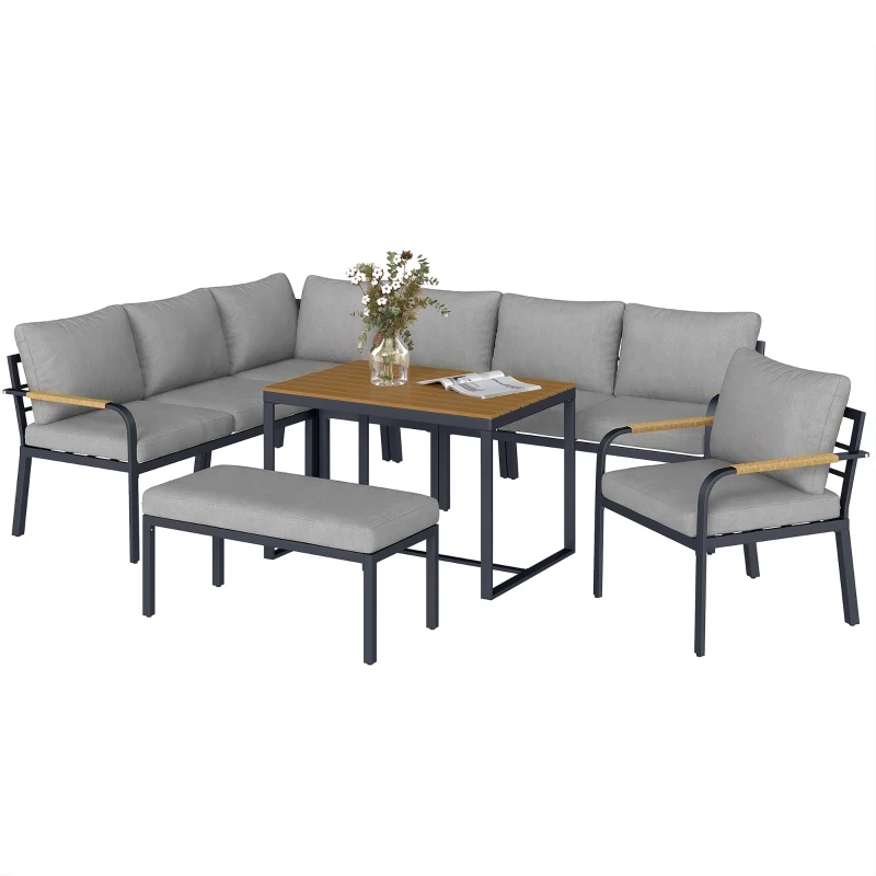 Outsunny 7 Seater Garden Furniture Set, Metal Garden Sofa Set with Cushions, Outdoor Furniture Conversation Sets, Light Grey