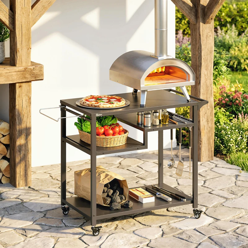 Outsunny Outdoor Grill Cart, Three-Tier Pizza Oven Stand  with Steel Tabletop, Hooks, Rubbish Bag Holder, Wheels, Black