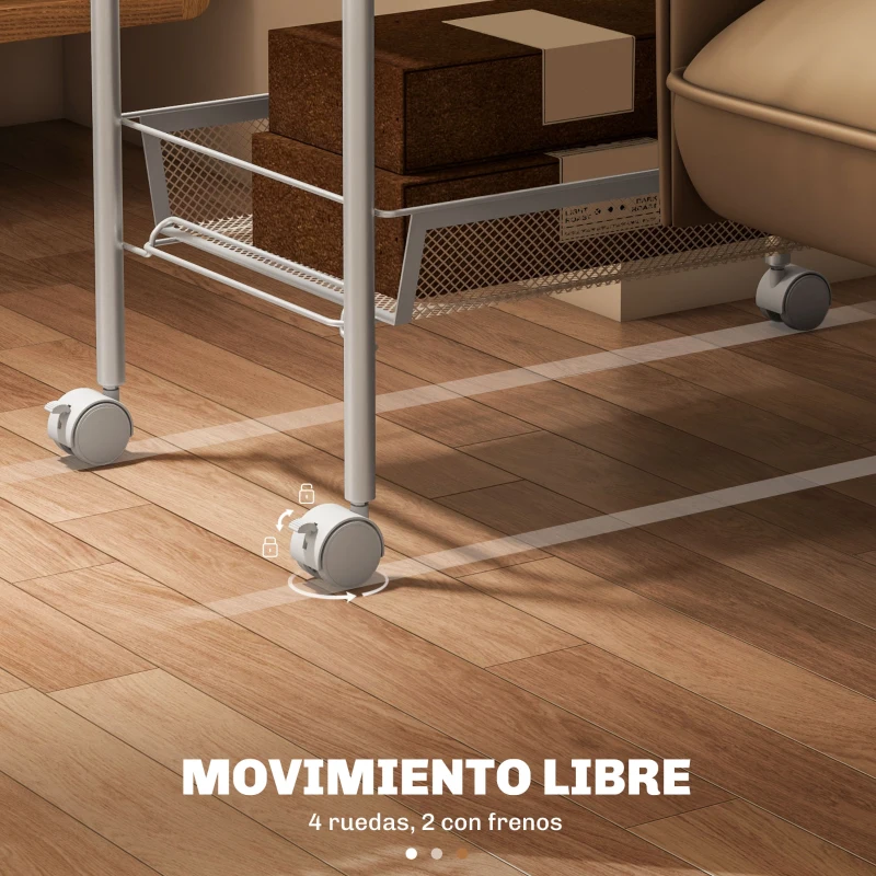 HOMCOM Carrito Auxiliar con Ruedas de 5 Niveles con Cestas de Malla Extraíbles y Marco de Acero 45x26,5x106 cm Blanco