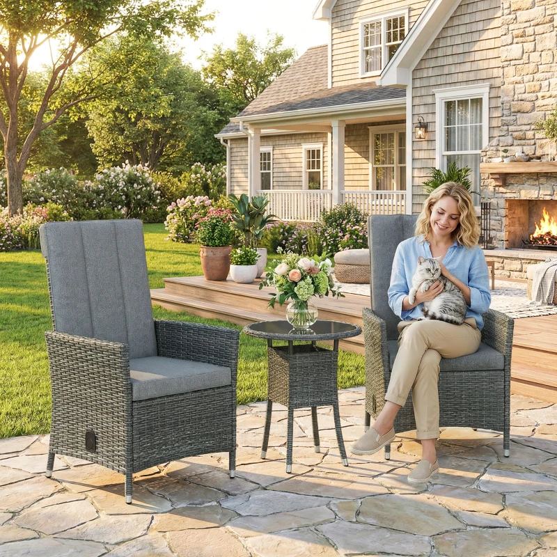 Outsunny Rattan Bistro Set, Reclining Garden Chairs and Glass Coffee Table with Cushions for Patio Balcony Porch, Grey