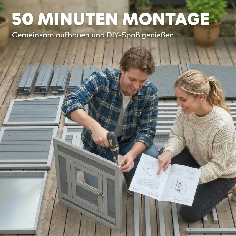 PawHut Kippenhok kippenverblijf voor 3-4 kippen met ren nestkast asfaltdak Oxford-afdekking uittrekbare lade 264x82x89cm grijs