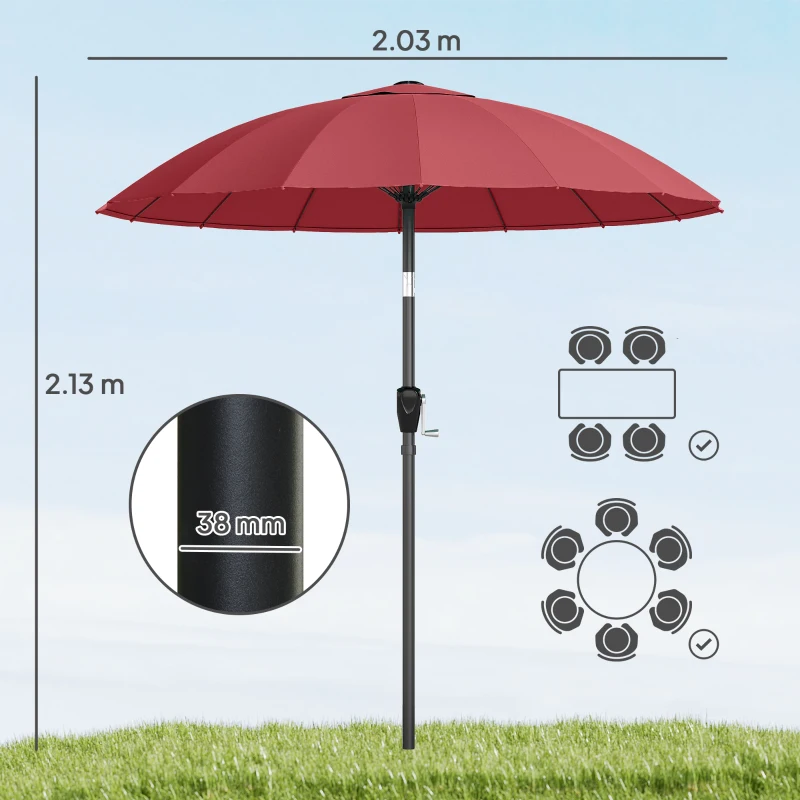Outsunny 2 m Shanghai Garden Parasol Umbrella with 16 Fibreglass Ribs, Outdoor Parasol Sun Shade with Crank & Tilt, Wine Red