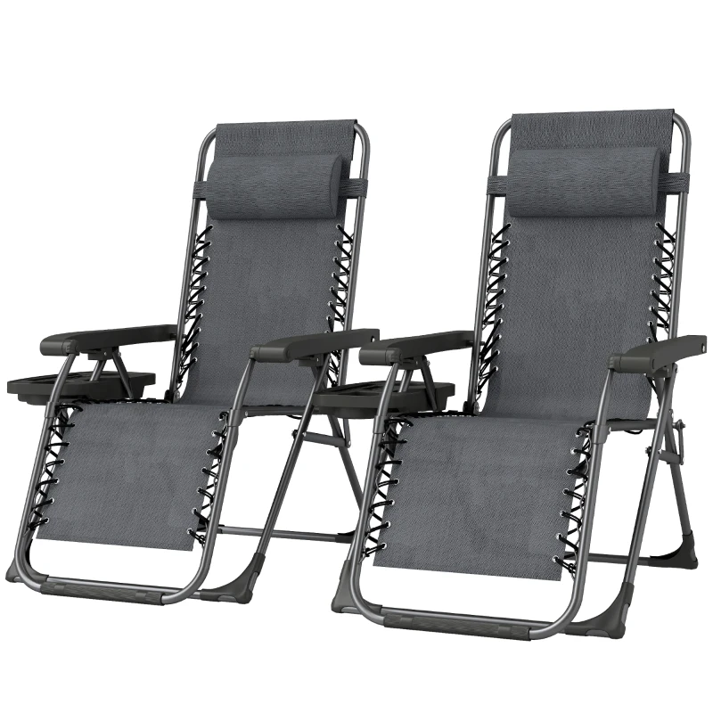 Outsunny Zero Gravity Chairs Set of 2, Folding Sunloungers Reclining Garden Chairs with Cup Holder, Headrest, Dark Grey