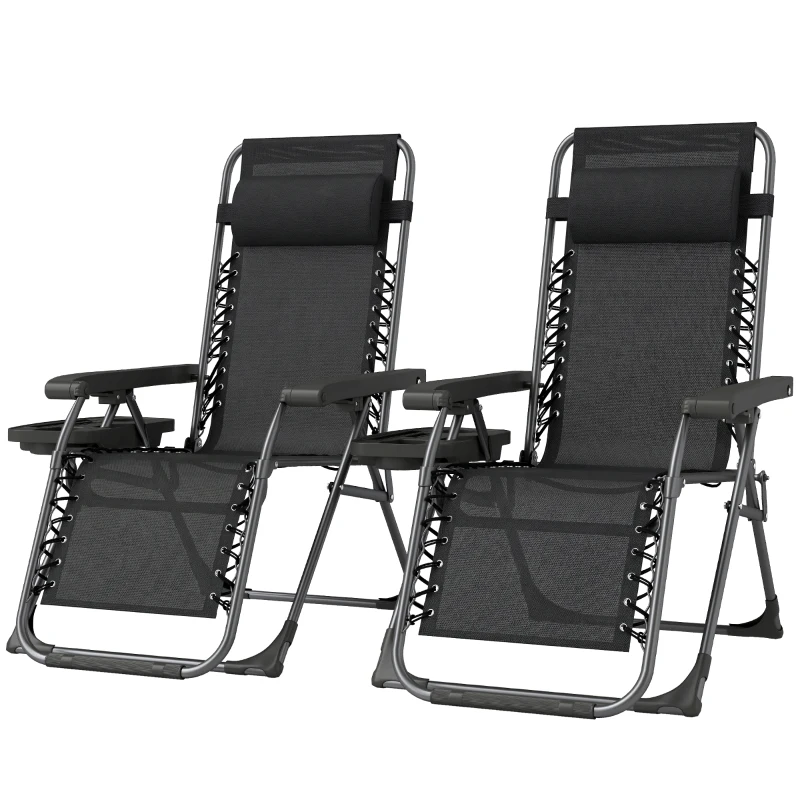 Outsunny Zero Gravity Chairs Set of 2, Folding Sunloungers Reclining Garden Chairs with Cup Holder, Headrest, Black