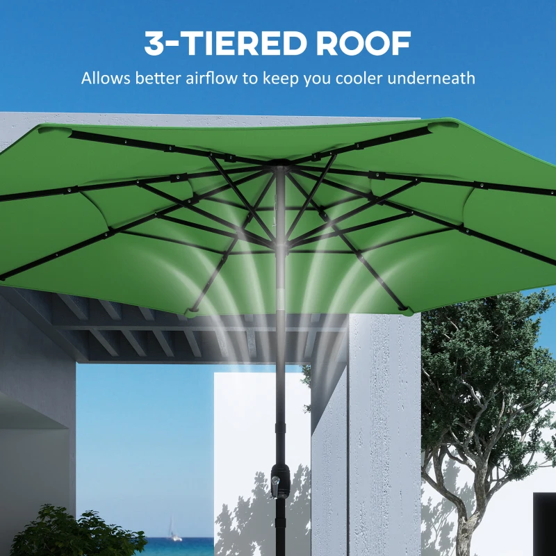 Outsunny Garden Parasol, Parasol Umbrella with 3-tier Roof, Crank Handle, Tilt Function, Polyester Canopy, Green