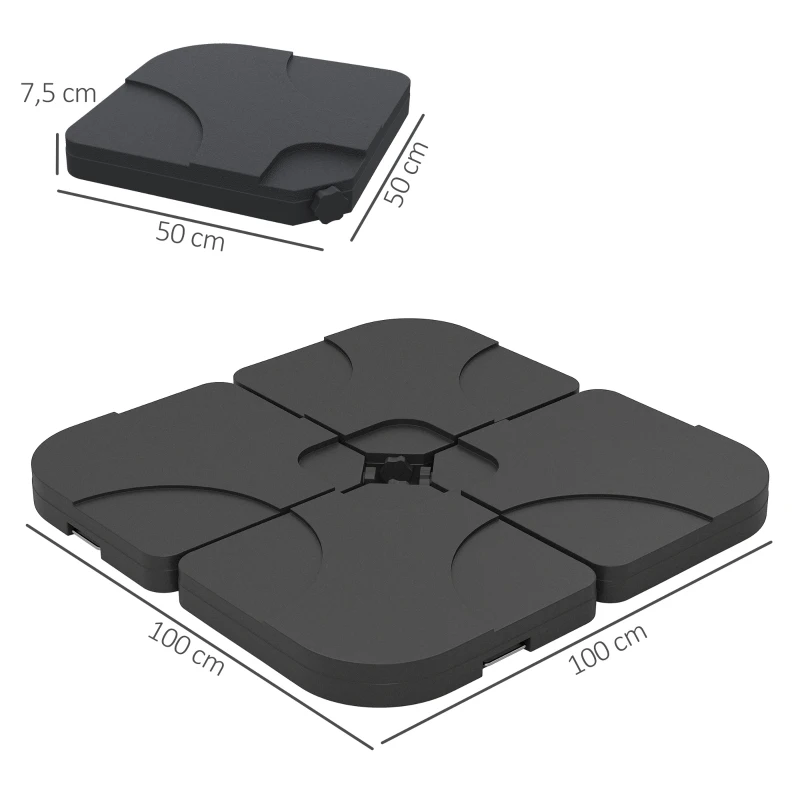 Outsunny Lot de 4 pied de parasol poids de lestage carré avec poignée pour parasol A remplir d'eau jusqu'à 60 kg ou de sable jusqu'à 72 kg 50 x 50 x 8 cm polyéthylène haute densité noir