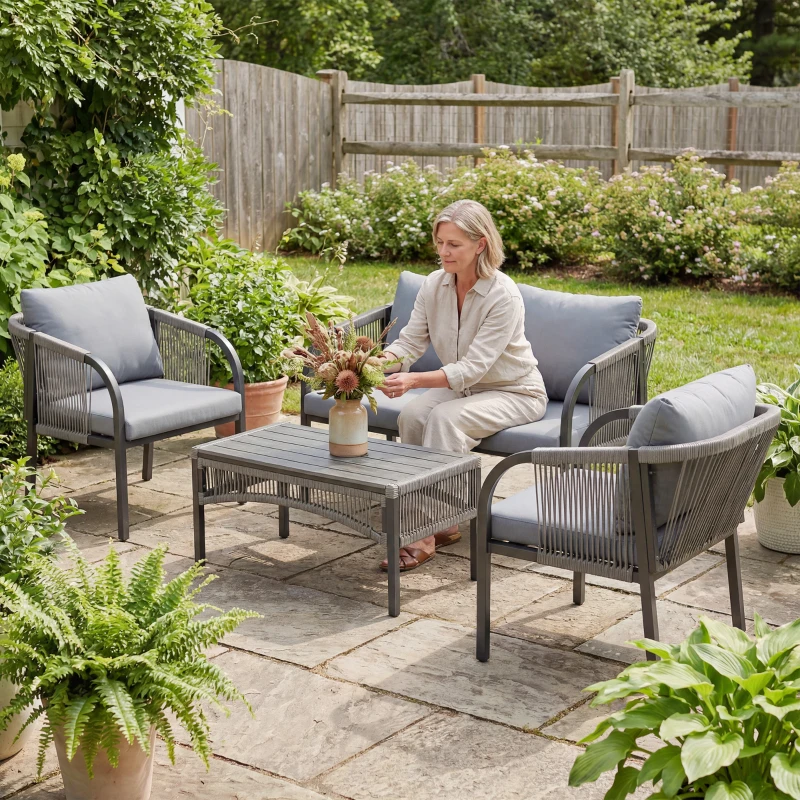 Outsunny 4 Piece Rattan Garden Furniture Set with Loveseat, Armchairs, Table, Steel Frame Wicker Patio Conversation Set, Grey