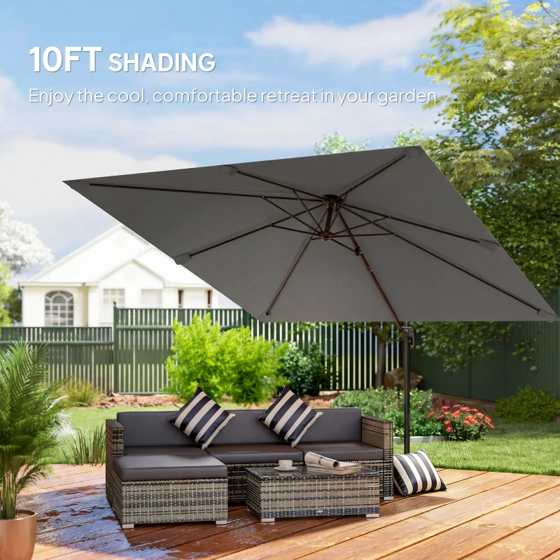Outsunny 3 x 3 m Cantilever Parasol, Square Patio Umbrella with Crank Handle, Cross Base, Tilt, 360° Rotation, Dark Grey
