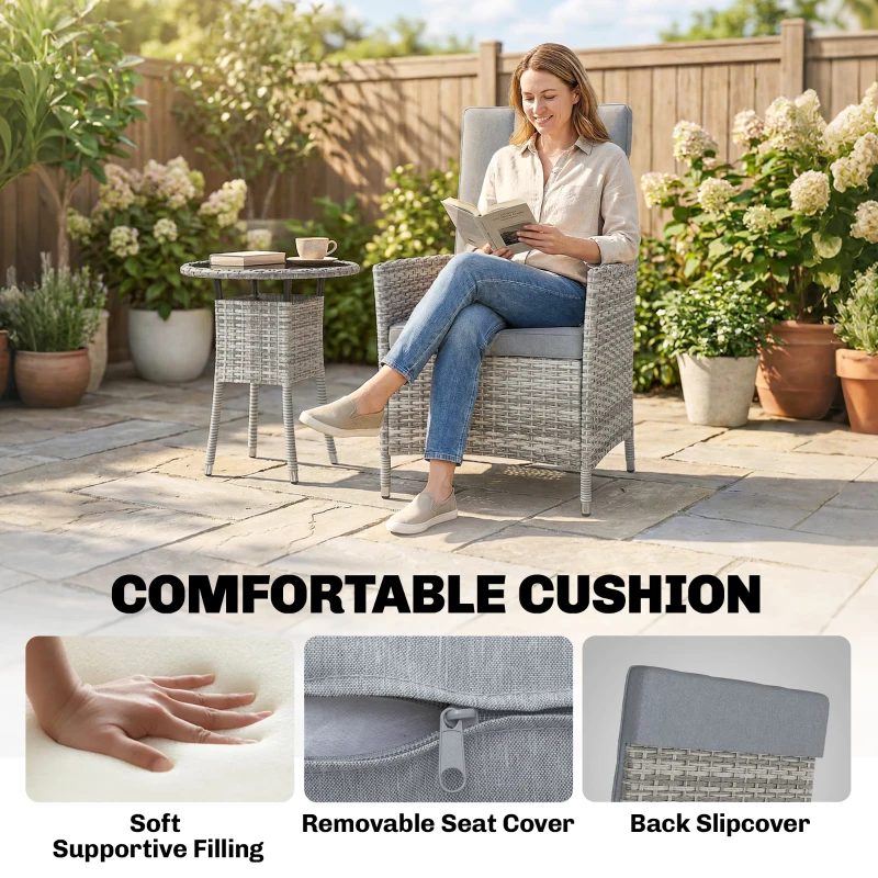 Outsunny Rattan Bistro Set, Reclining Garden Chairs and Glass Coffee Table with Cushions for Patio Balcony Porch, Light Grey