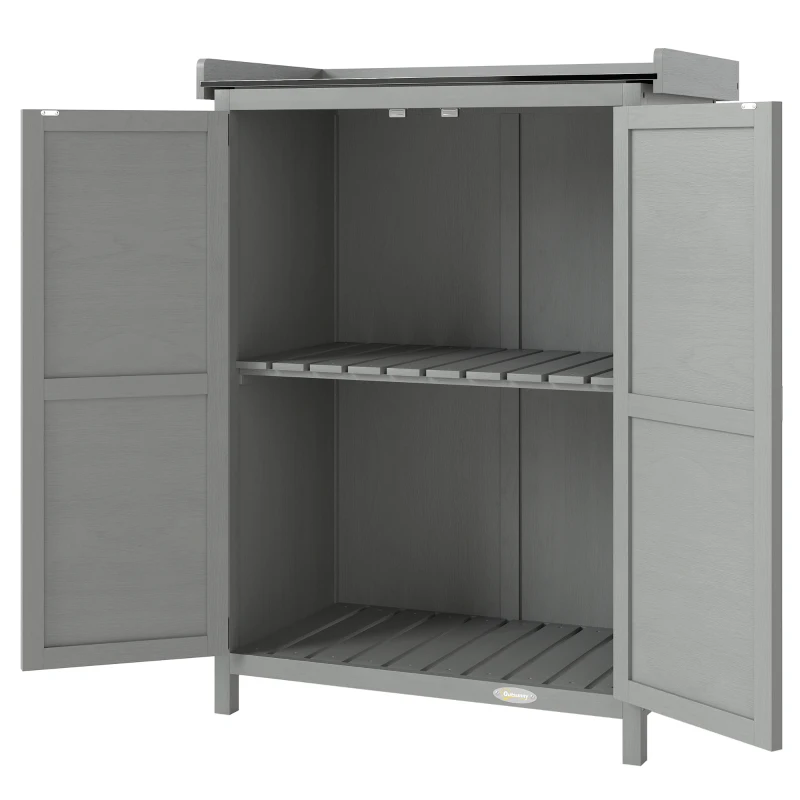 Outsunny Wooden Garden Shed, Garden Tool Storage Shed with Shelf and Side Hooks, 71.5 x 39 x 95 cm, Grey