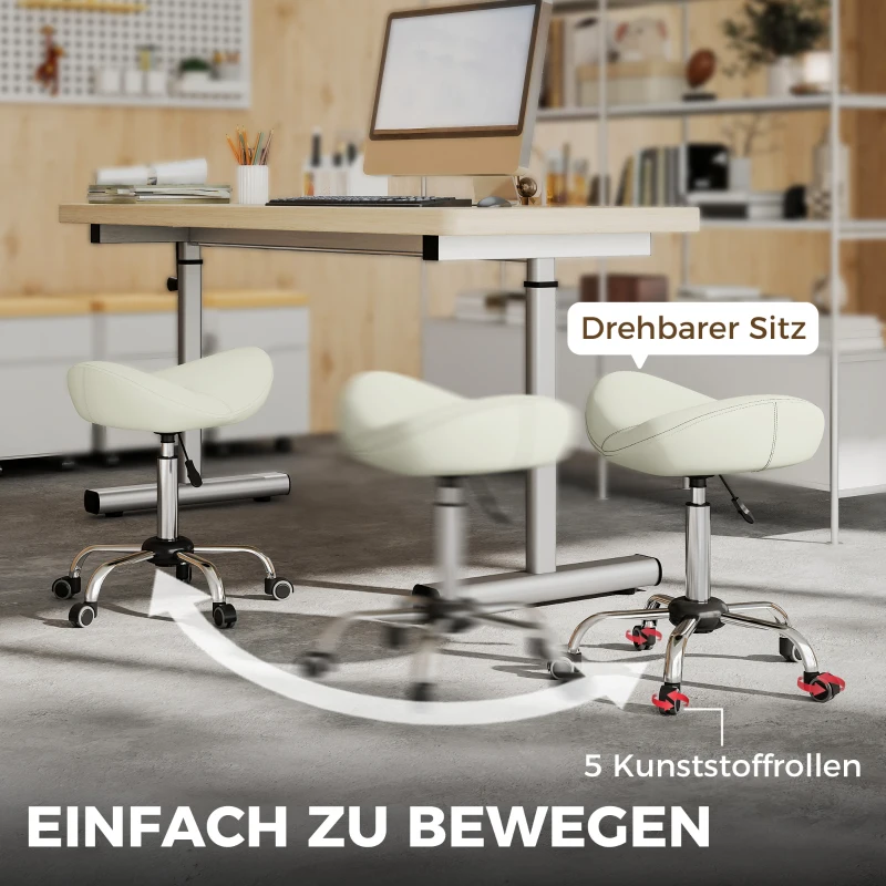 HOMCOM Zadelstoel, in hoogte verstelbare rolstoel met PU-leer voor massage, spa, kliniek, beauty en tattoo, Cremeweiß