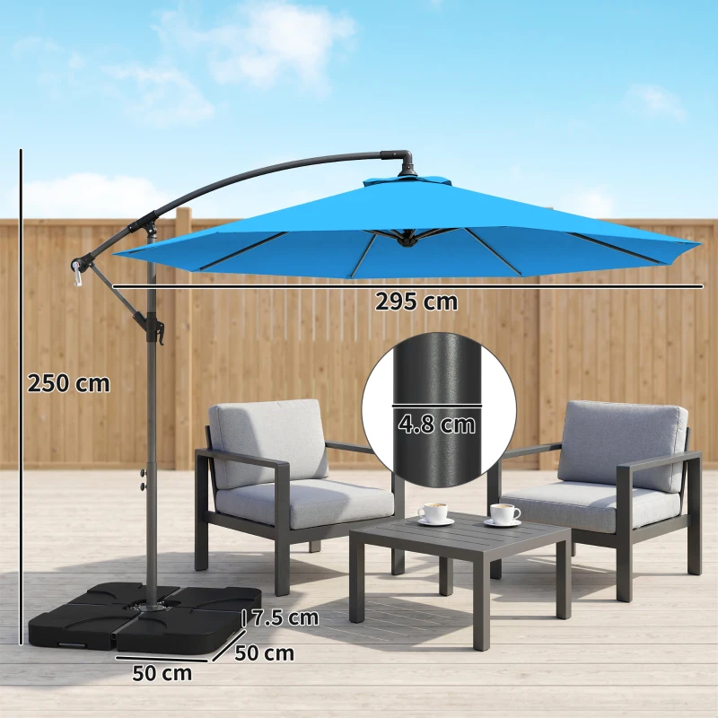 Outsunny 3m Overhanging Parasol, with Base, Weights and Cover - Blue