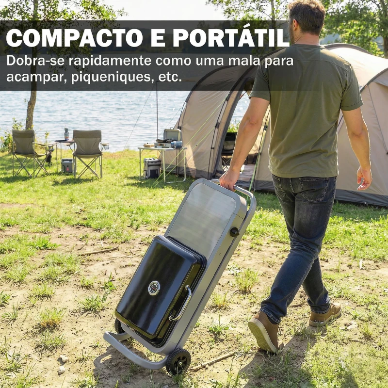 Outsunny Grelhador a Gás Dobrável com Queimador 2,5 kW Tampa Termómetro Mesa Lateral e 2 Rodas Grelha Coletor de Gordura Preto
