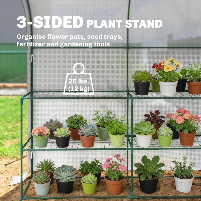 Outsunny Walk-in Greenhouse with Shelves, Small Greenhouse with PE Cover and Roll-up Door, 123 x 187 x 189 cm, White