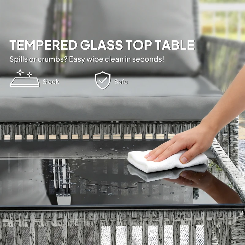 Outsunny 3 Piece Rattan Garden Furniture Corner Sofa Set with Chaise Lounge, Loveseat, Glass Coffee Table, Cushions, Dark Grey