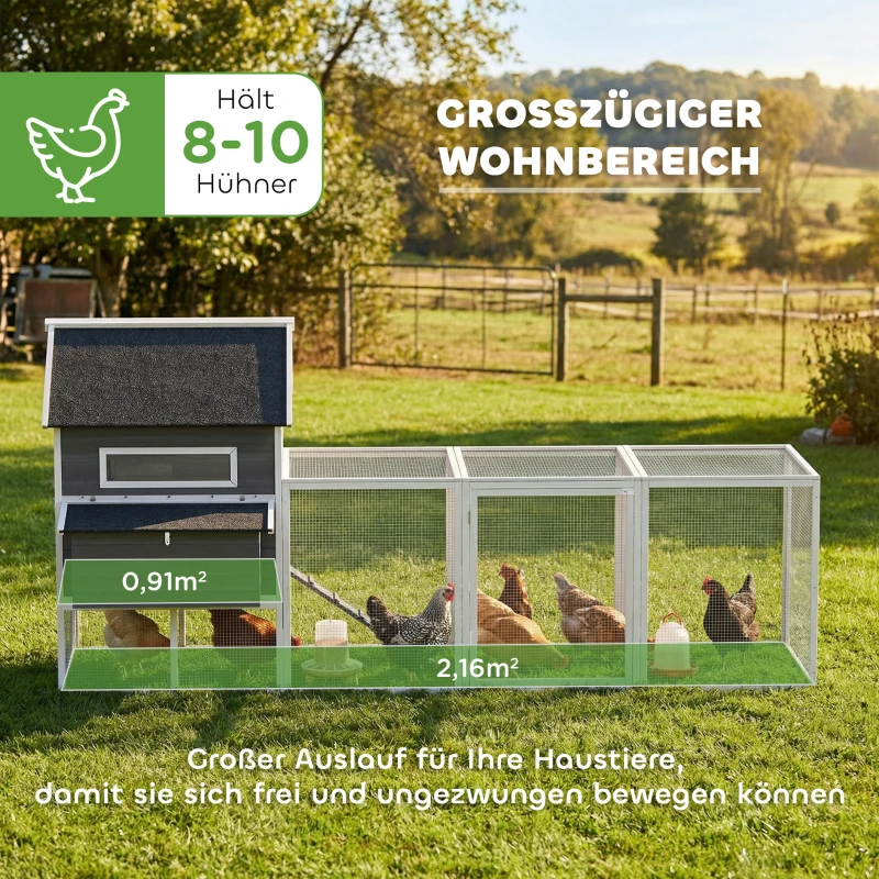 PawHut Hühnerstall aus Holz mit Auslauf Nistkasten Asphaltdach herausziehbar Tablett für 4-6 Hühner 347x160x150 cm Dunkelgrau