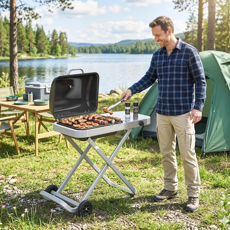 Outsunny Barbacoa de Gas Plegable con Quemador 2,5 kW Tapa Termómetro Mesa Lateral y 2 Ruedas Parrilla Recogedor Grasa Negro