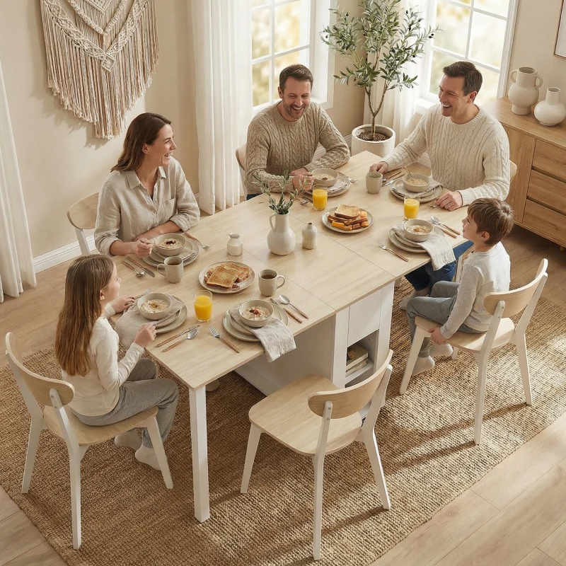 HOMCOM Mesa de Cozinha Dobrável para 6 Pessoas com Laterais Retráteis Gavetas e Prateleiras Abertas 168,2x85x73 cm Madeira e Branco