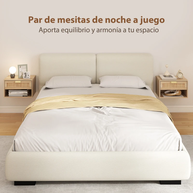 HOMCOM Juego de 2 Mesitas de Noche Flotantes con Cajón de Ratán Estante Abierto Ahorra Espacio 40x30x25 cm Roble
