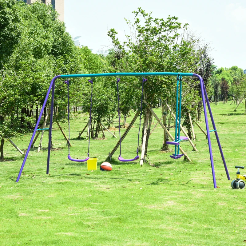 Outsunny Conjunto de Baloiços de Jardim com Altura Ajustável Baloiços para Crianças com Baloiço Duplo  280x140x178 cm Azul e Roxo
