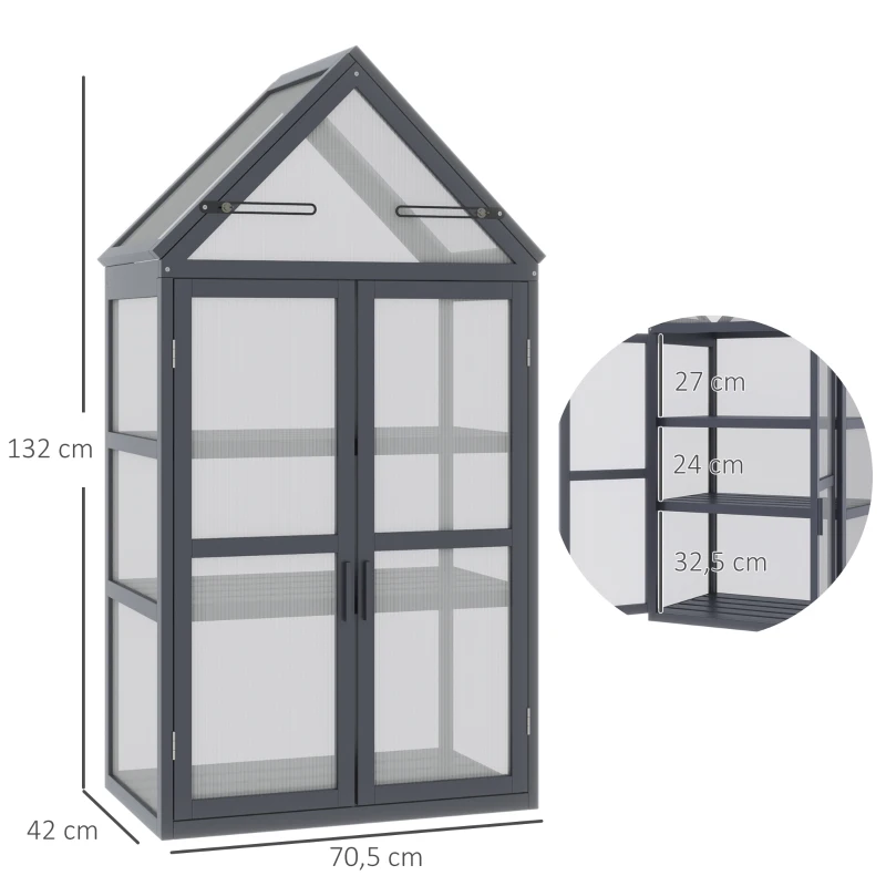 Outsunny Mini Serra 3 Ripiani Orto Piante con Tetto Apribile Doppie Porte, in Legno Policarbonato, Resistente alle Intemperie, 70.5 x 42 x 132 cm, Naturale